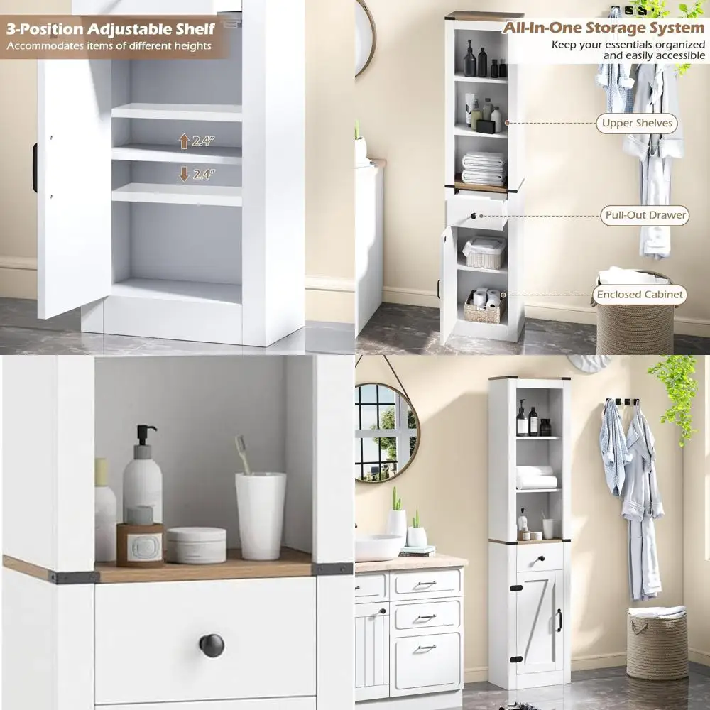 

Тумба для ванной в стиле рустик-фермерский домик, высота 68 дюймов, с дверцами-складками, узкий шкаф для хранения с выдвижным ящиком и регулируемой полкой для прачечной