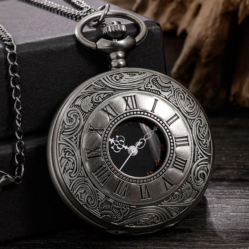 Gun‑Black Vintage Semi‑Hollow Roman Numeral Pocket Watch Engraved Case Quartz With Chain Retro Men Pendant Collectible Watch