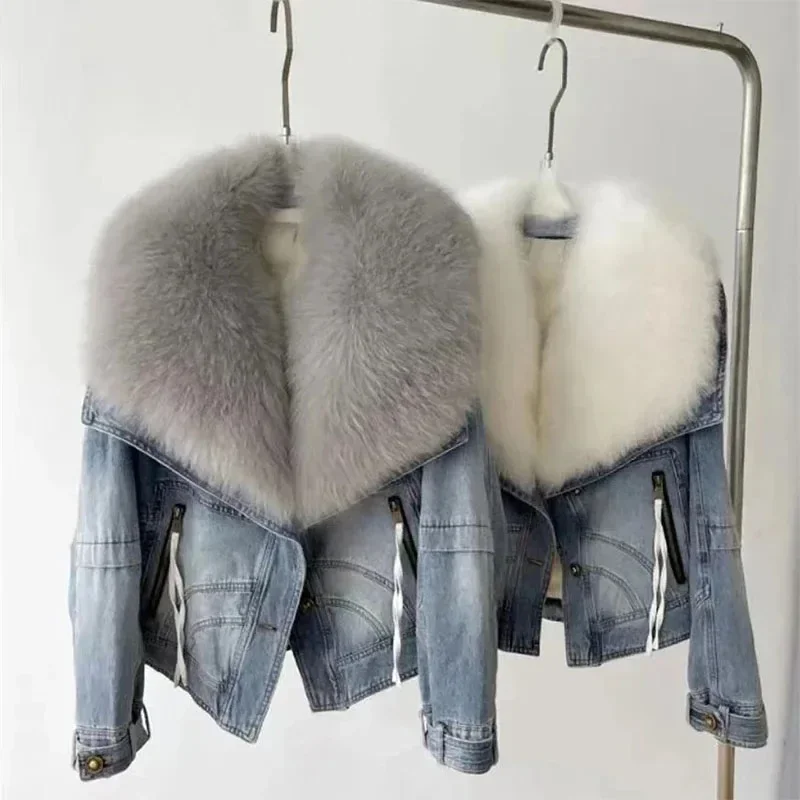 European 2023 Winter New Luxury Fox Fur Big Fur Collar Denim Down Jacket Short Casual White Goose Down Warm Women Jacket  Parka