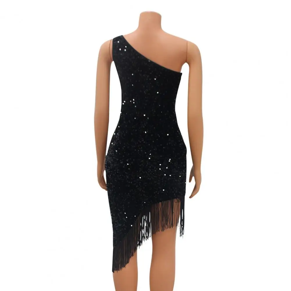 

Sequined Formal Dress Elegant Sequin One Shoulder Evening Dress with Tassel Hem for Wedding Cocktail Party Clubwear Women's