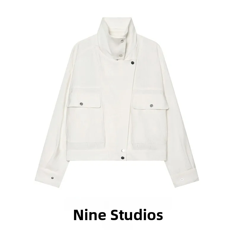 Nine Zar Women's  Color High Collar Workwear Jacket with Pilot Collar And Pockets Long Sleeve Short Coat for Ladies