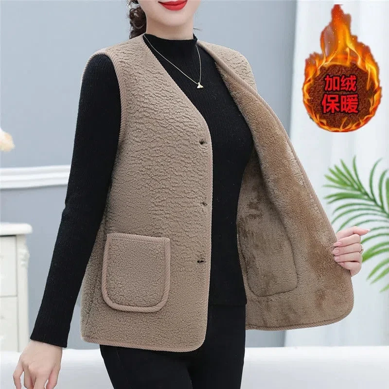 Vest Short  Women's Autumn And Winter 2023 New Thickened Fleece Outwear Vest Mother Lamb Fleece Sleeveless Jacke