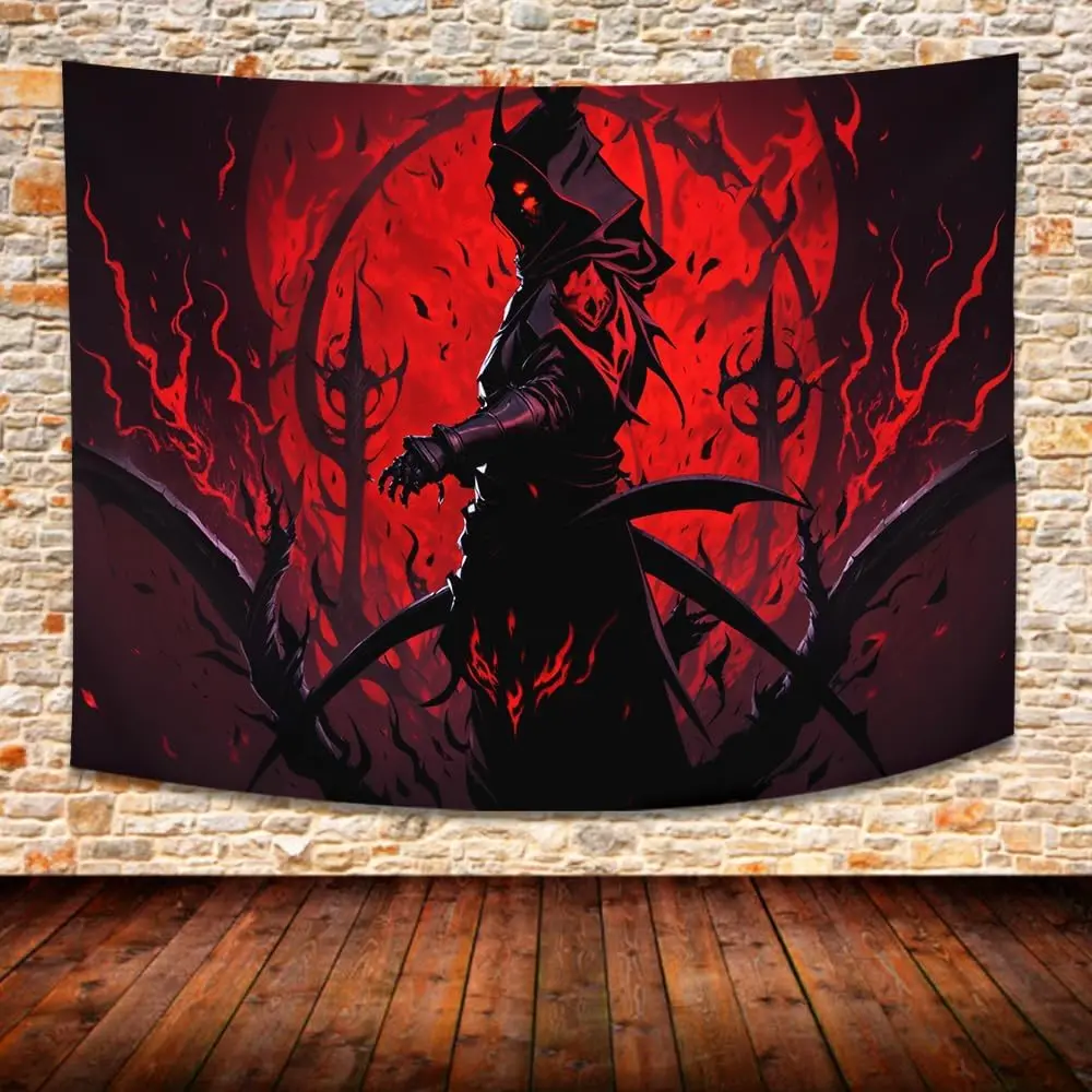 Occult Demon Tapestry, Dark Hooded Reaper with Fiery Red Background Wall Hanging, Perfect For Adding Mysterious & Edgy Vibe