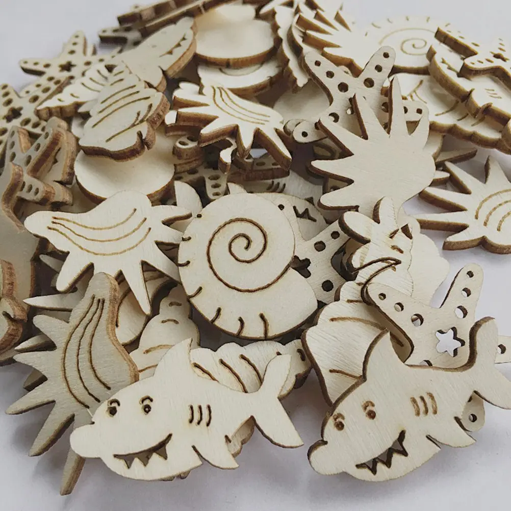 50 Pièces en Bois Thème Océan pour Artisanat, Formes d'Animaux Marins, Kit d'Ornements DIY en Bois Naturel, Finition Lisse, Fête et Vacances