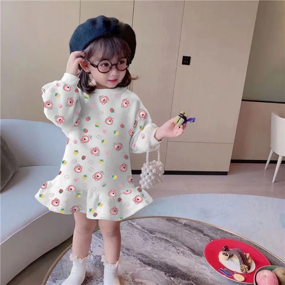 Toddler Girls Warm Sweater Dress 2023 Winter New Korean Children Splicing Pleated Dress Kids Polka Dot Printed Casual Clothes