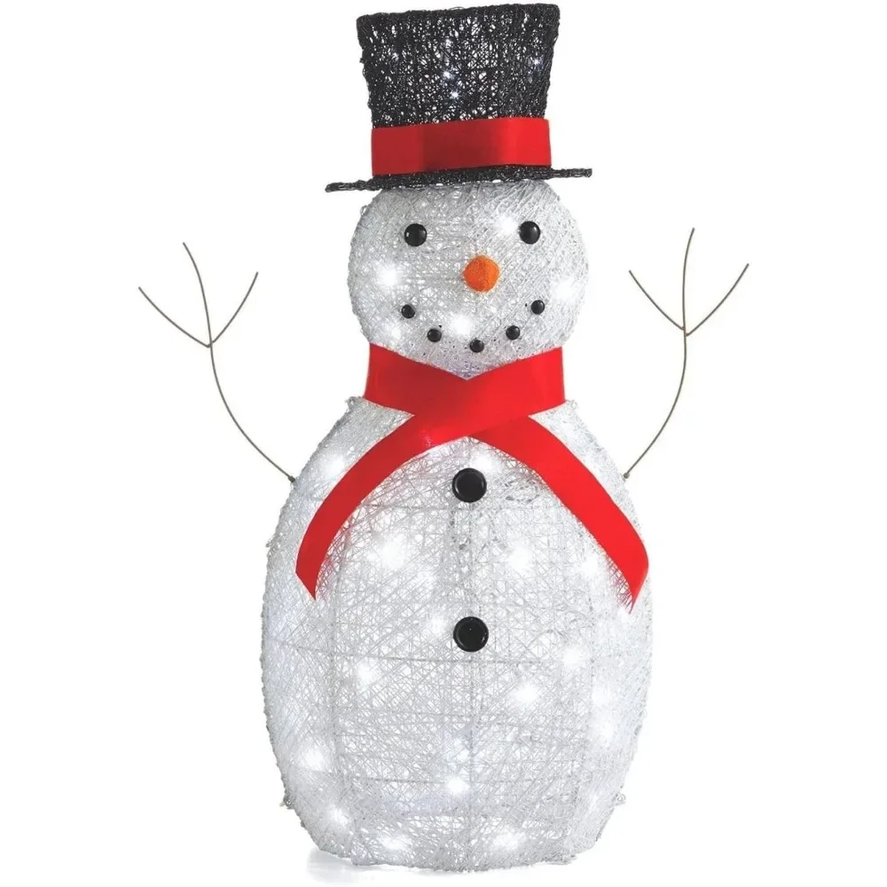 Lit Metal Snowman with Top Hat Christmas Decoration with Bright LED Lights, Outdoor Holiday Lawn Decoration, White with Red