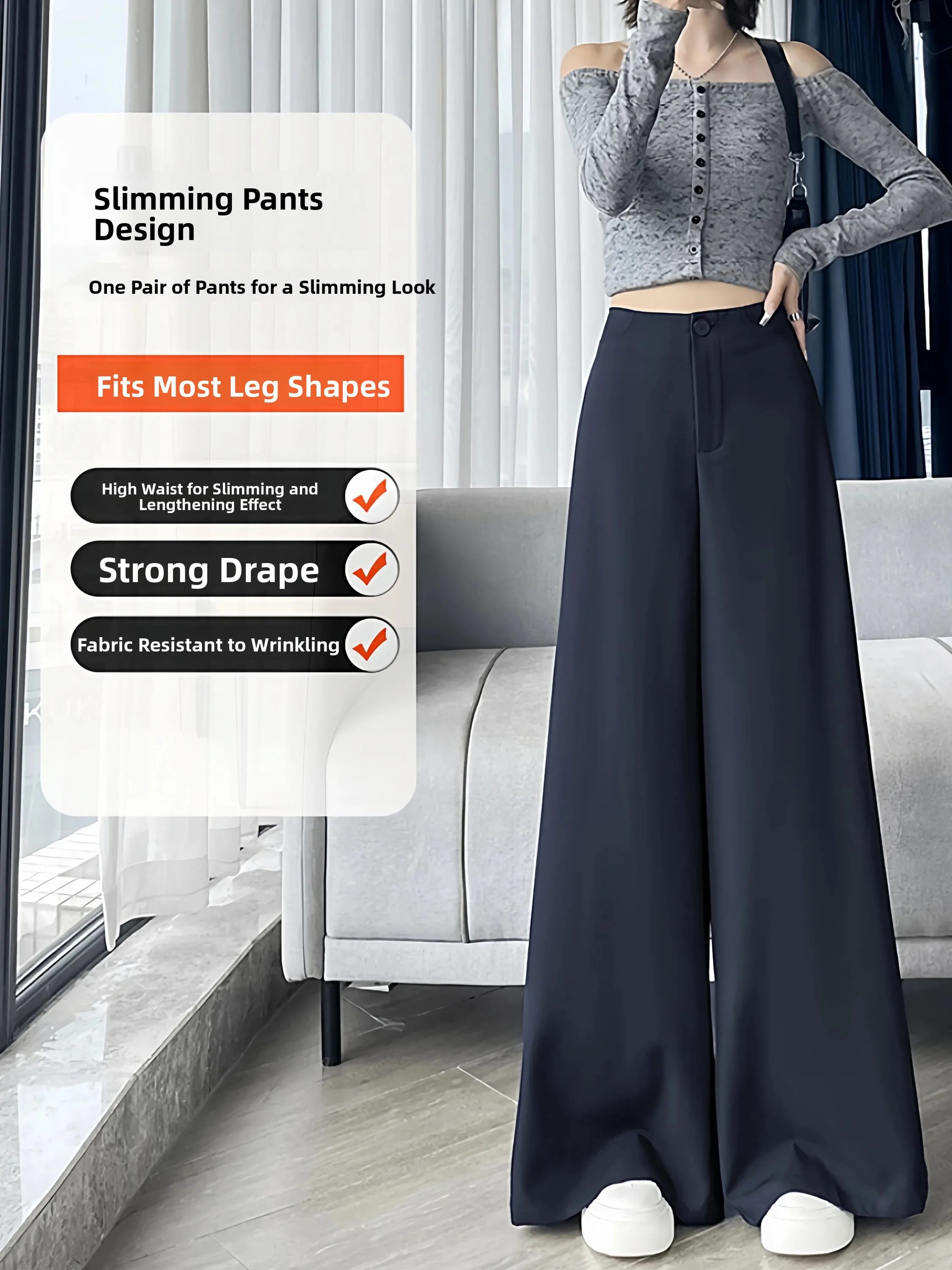 Loose Wide Leg Draped Suit Pants Women's Spring Autumn New High-End Feeling Dark Blue Pants Lazy Loose Feeling Floor-Length P...