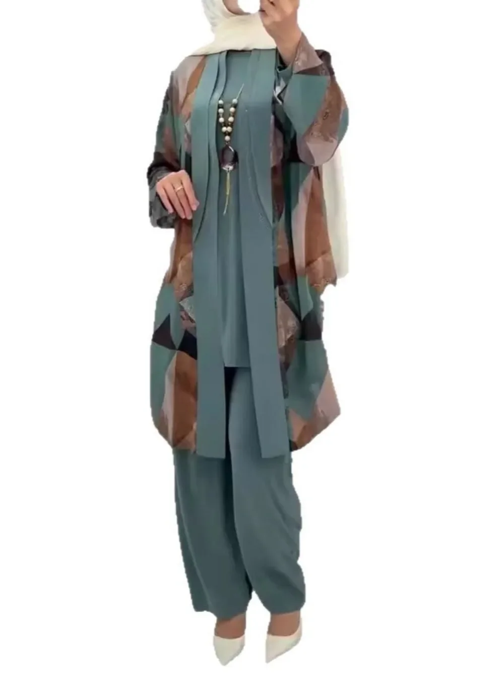 Eid ผู้หญิง Abaya 3 ชิ้นชุดกางเกงมุสลิมชุด Caftan Robe Jalabiya Ramadan โมร็อกโกดูไบ 2025 Musulman Ensembles