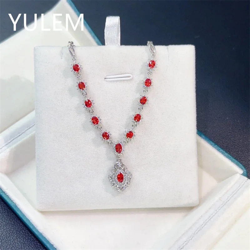 

YULEM Natural 3x4mm Red Sapphire Luxury Design Silver 925 Necklce for Women Daily Wear Natural Red Sapphire