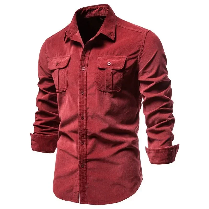 New Hight Quality Men Shirts Single Breasted 100% Cotton Mens Shirt Business Casual Fashion Solid Corduroy Slim Fit Dress Shirts