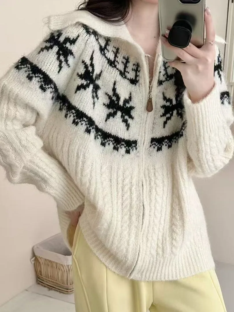 Pull tricoté rétro Fair Isle pour femmes, coréen, col large, fil torsadé, moelleux, doux, haut tricoté, tendance