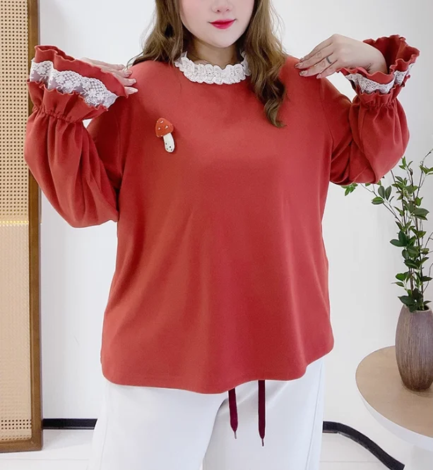 ربيع الخريف حجم كبير المرأة لطيف لوليتا قاع قميص الحلو الدانتيل طاقم الرقبة فضفاضة تنوعا تخفيض العمر بأكمام طويلة #3