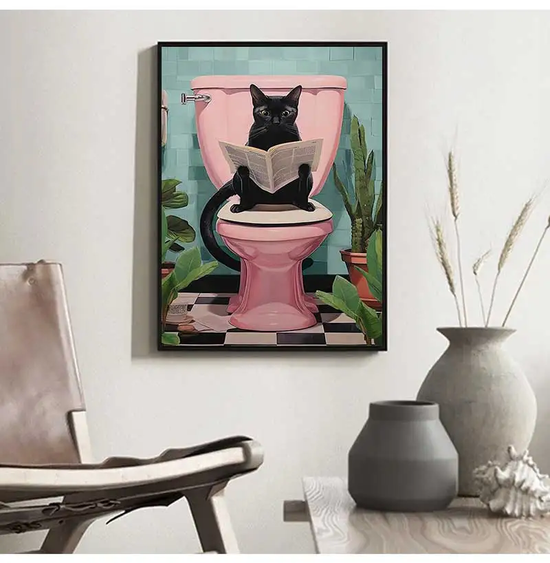 Modern Simple Wall Art Funny Animal Black Cat Cat Reading Newspaper Canvas Print Poster Home Toilet Bathroom Decorative Pictures