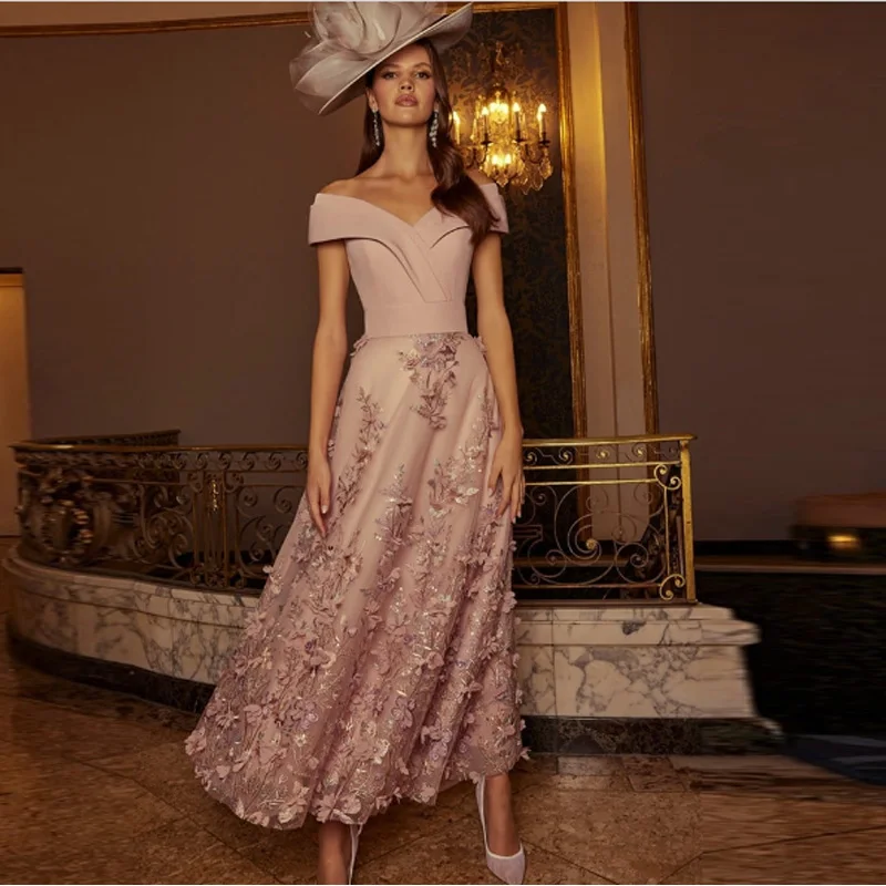 

Customized Elegant Off The Shoulder Floral Mother of The Bride Dress Ankle Length Luxury Women Satin A-line Party Prom Gowns