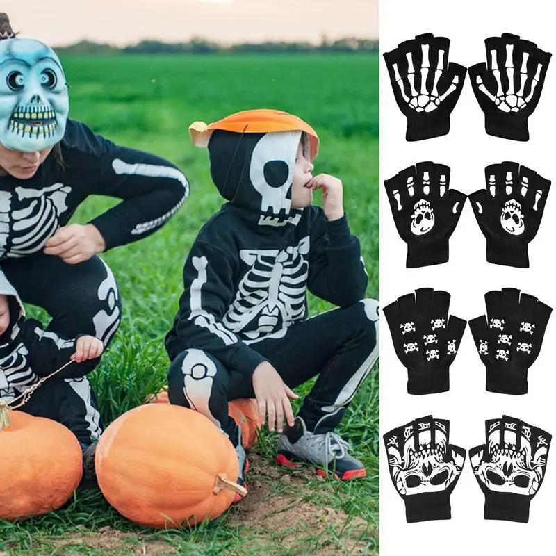 Skull Bone Gloves Halloween Half Finger Skull Mittens Glow In The Dark Halloween Costume Accessory Gloves For Carnival Costume