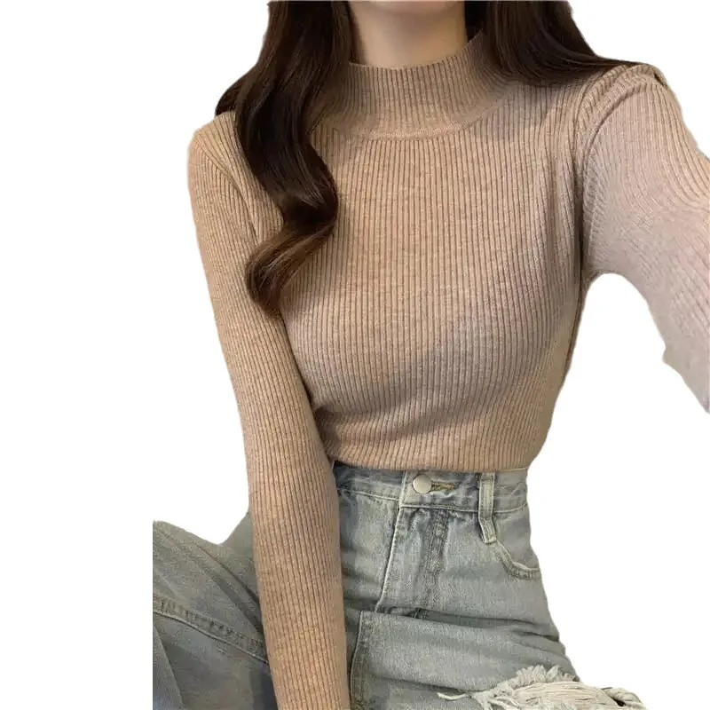 

Новинка 2025 года, повседневная женская одежда, свитер с высоким воротником, осень-зима, узкие топы, тонкие вязаные пуловеры с длинными рукавами