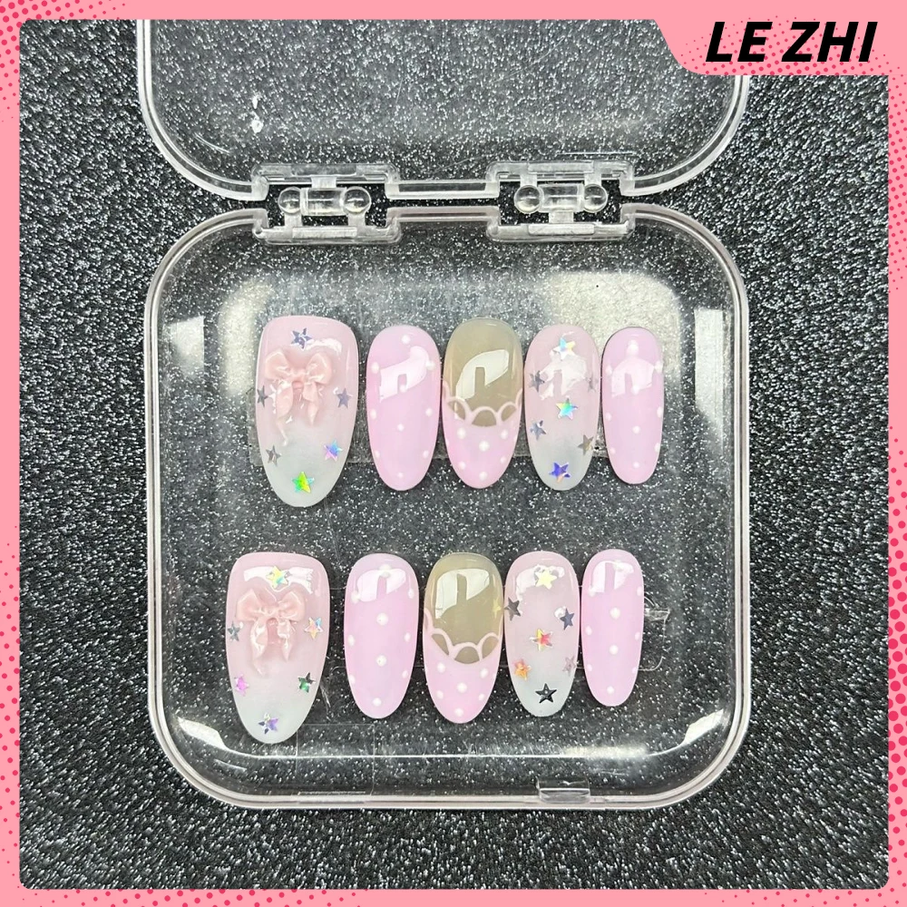 Dulce fresco hecho a mano elipse corta prensa en uñas dibujos animados Rilakkuma estrella brillante diamante Bowknot alas notas musicales uñas postizas