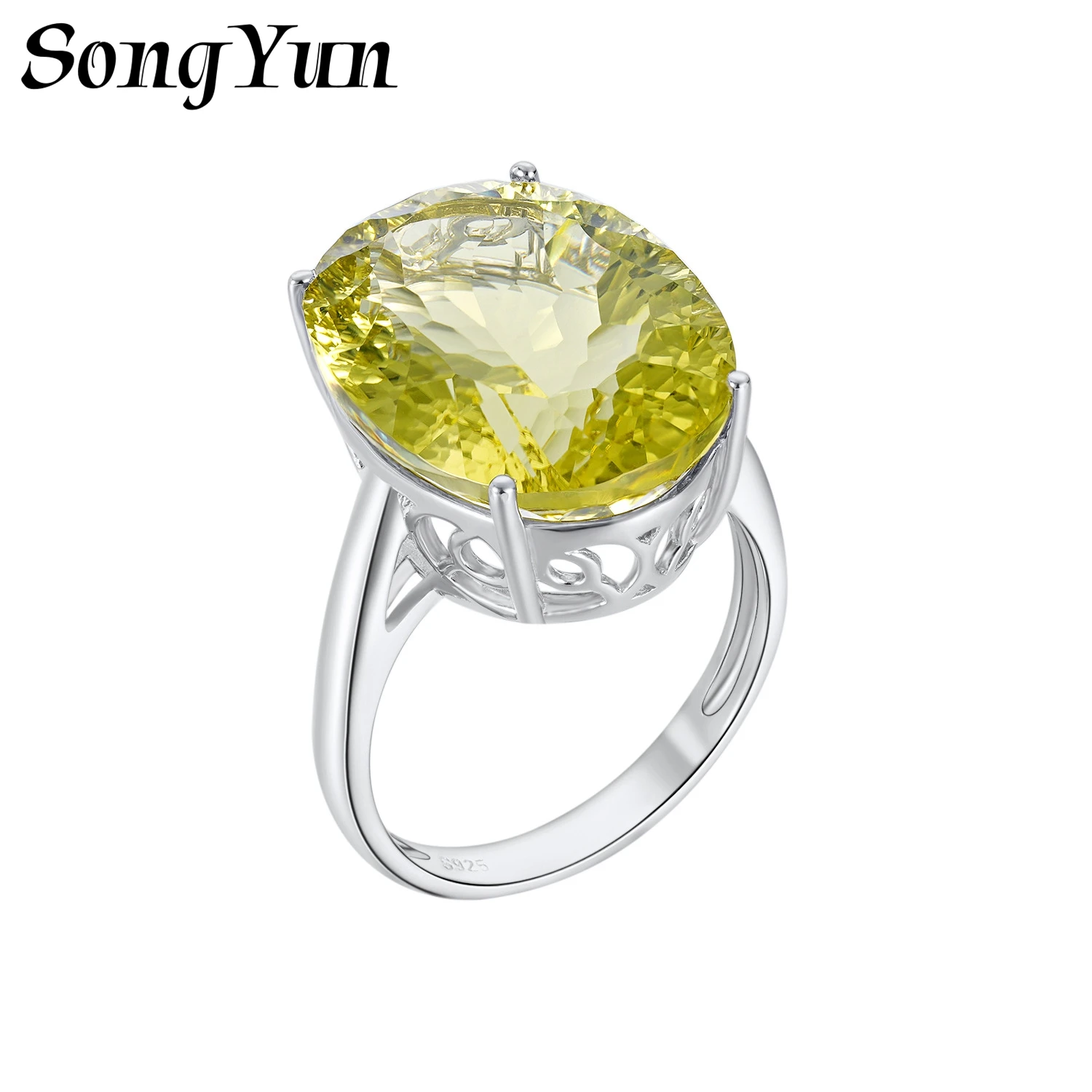 SONGYUN Natural Gemstones Jewelry Women's Natural Gemstone Ring S925 Silver Lemon Quartz Inlaid Light‑Luxury Band Fine Jewelry