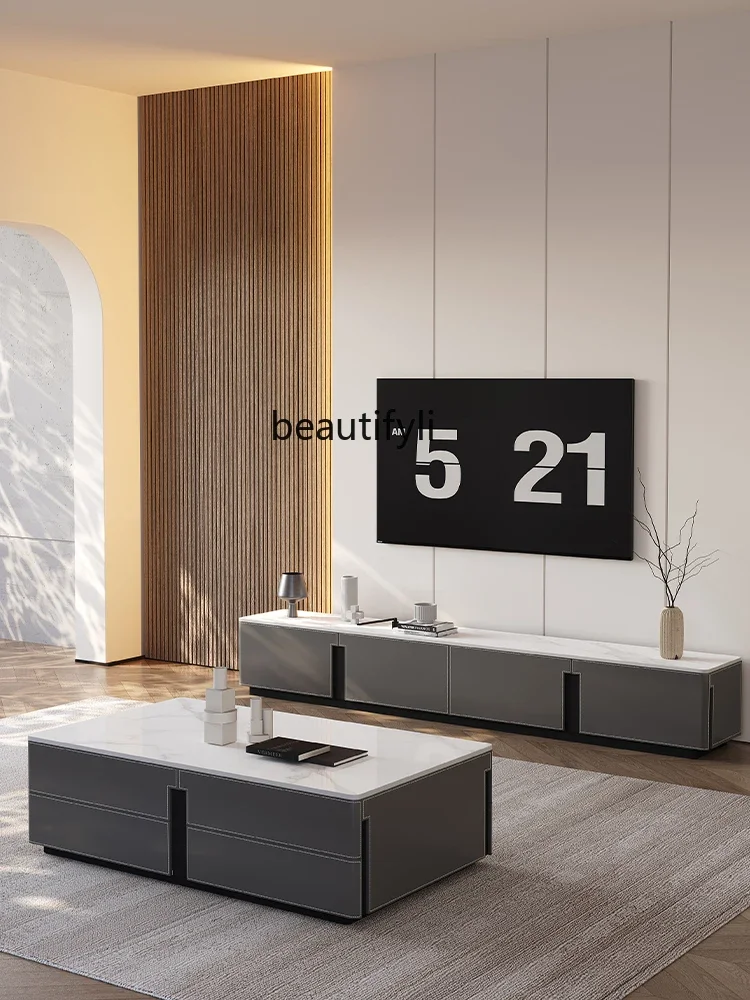 

zxqItalian light luxury TV cabinet modern minimalist living room home saddle leather slate floor coffee table TV cabinet