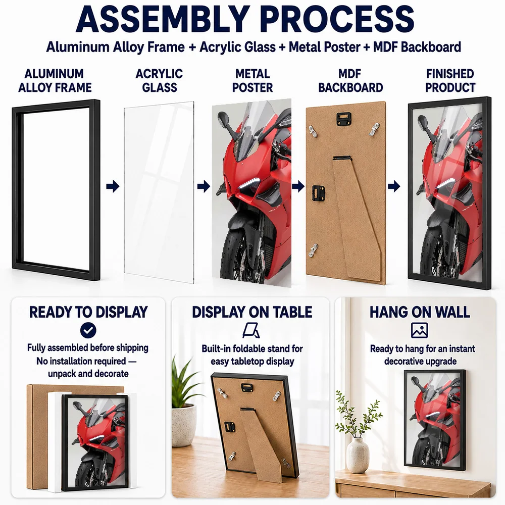 Red Italian V4 R Motorcycle Detail Framed Metal Poster Customized Cinematic Wall Art For Rider Lounge, Motorcycling Fan Gift