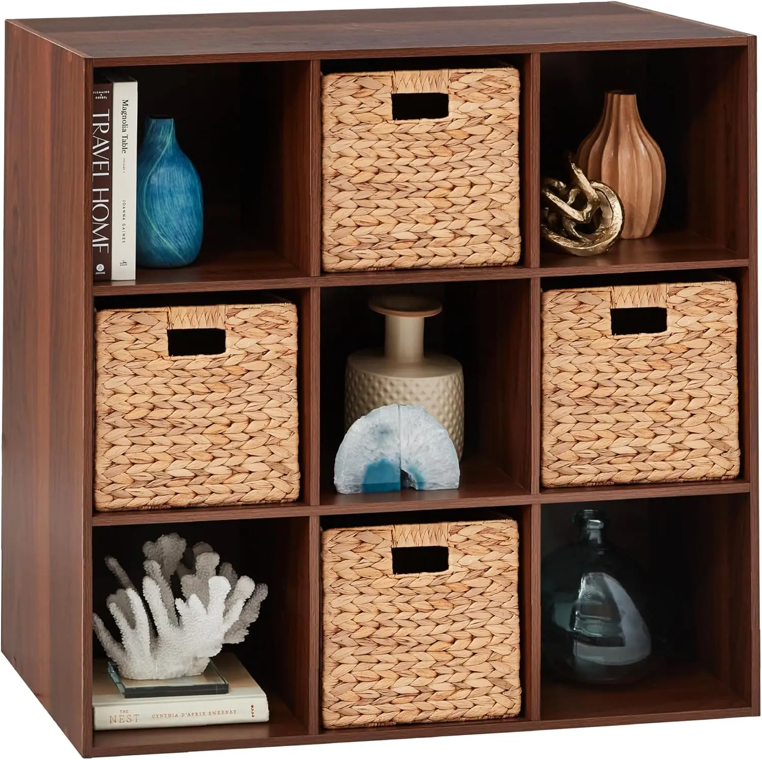 

9-Cube Storage Organizer 11in Shelf Opening Bookcase Display Shelf Customizable w 3 Removable Back Panels Walnut