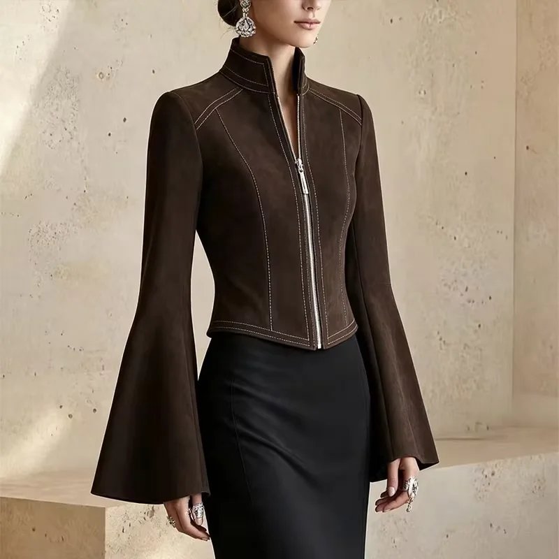 Women Faux Suede Cropped Jacket Stand Collar Full Front Zipper Flare Long Sleeve Slim Fit Vintage Short Outerwear for Street