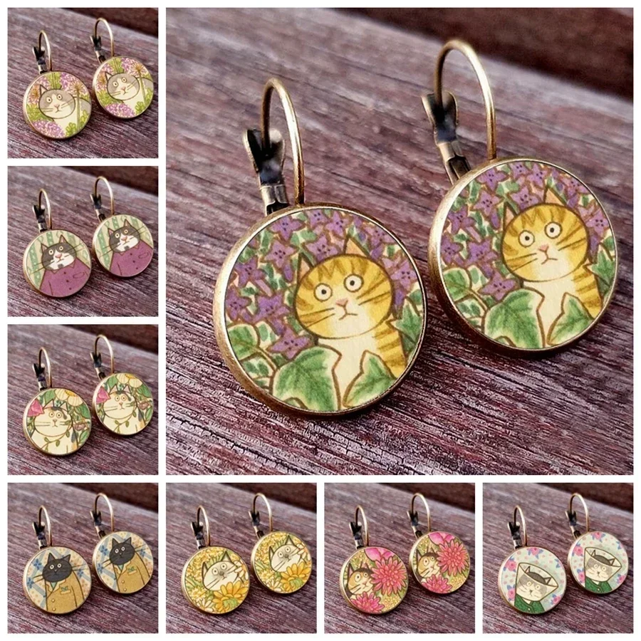 2024 Funny and Creative Cat Earrings Cute and mischievous colored glass dome French hook earrings Love cat girl Earrings Jewelry