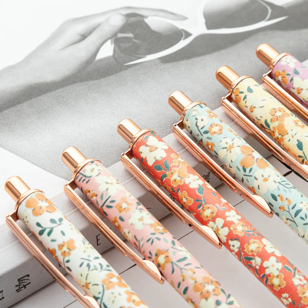 Colorful Floral Rose Gold Press Type Ballpoint Pens Durable Exquisitely Design Writing Supplies Frequently-used Stationery Items