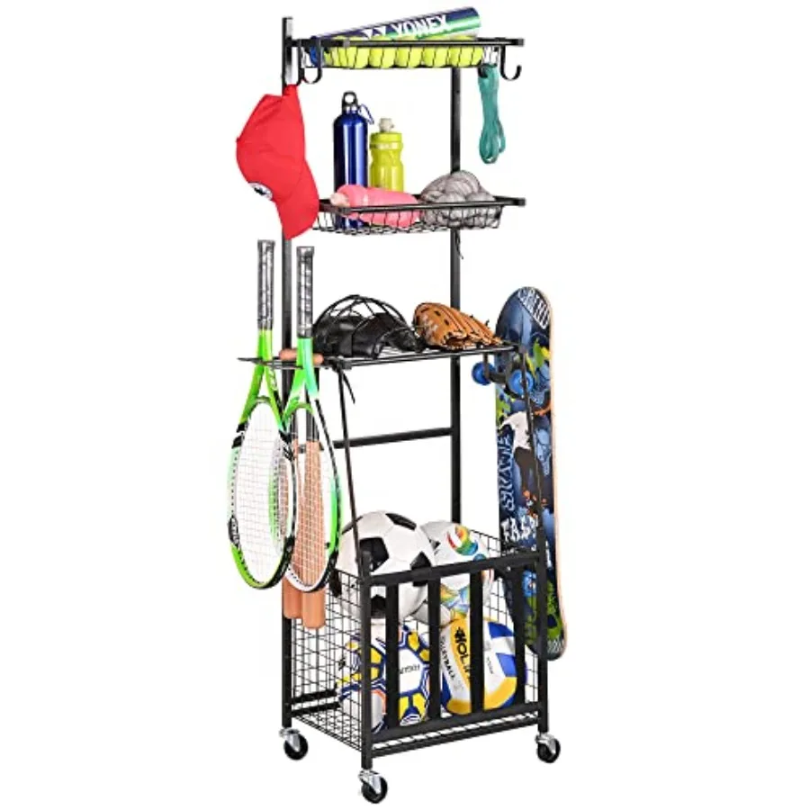 

PLKOW Sports Equipment Storage Rack for Garage Indoor/Outdoor Ball Storage Organizer with Basket and Hooks Durable Steel Frame
