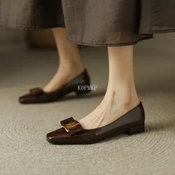 Woman Designer Shoes Flats Dress Shoes Patent Leather Slip on Boat Shoes Square Toe Office Ladies Bowtie Zapatillas Mujer