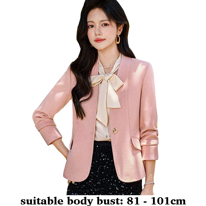 

Высококачественный шерстяной пиджак для женщин с v-образным вырезом на одной пуговице и длинными рукавами, осень-зима 2025, офисная одежда синего, серого, розового цвета