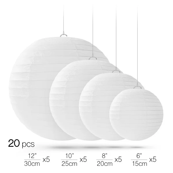 20 White Round Paper Lanterns for Weddings Birthdays Parties and Events Assorted Sizes  15cm, 20cm, 25cm, 30cm (5 of Each Size)