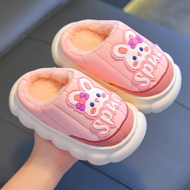 Winter Cute Rabbit Bear Children\'s Waterproof Warm Non-slip Fluffy Slippers For Girls Boys Indoor Mule Kids Home Cotton Shoes