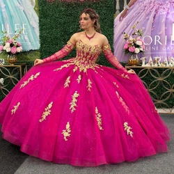 EVLAST Customized Fuchsia Quinceanera Dress Ball Gown Gold Lace Applique Beaded Mexico Corset Sweet 16 Vestido De 15 Anos TQD491