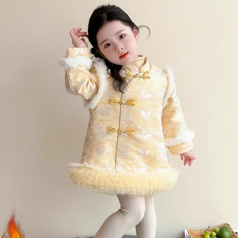 

Girl Thicken Dress Autumn Winter Long Sleeves Lace Hood Skirt Child Kawaii Keep Warm Fashion New Style Casual Clothing New Year