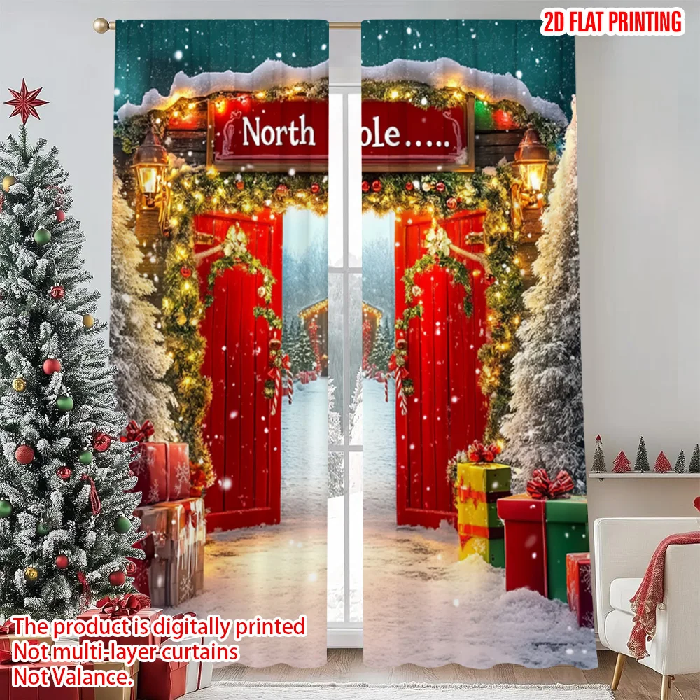

2pcs 2D flat printing Christmas Curtains Pine Snow Trail Machine Washable Polyester Without Electricity Family Party Decoration