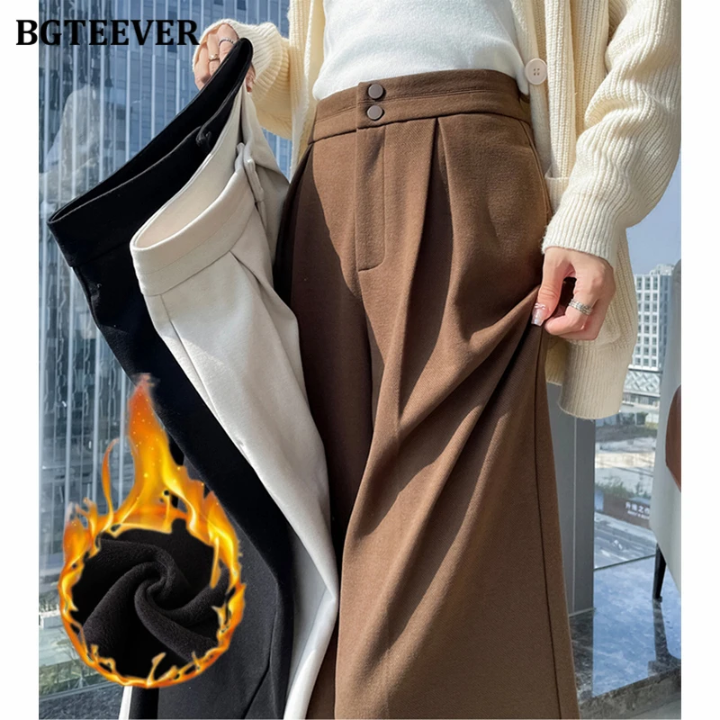 BGTEEVER High Waist Floor-Length Thicken Velvet Women Trousers Winter Loose Warm Wide Leg Long Pants Female