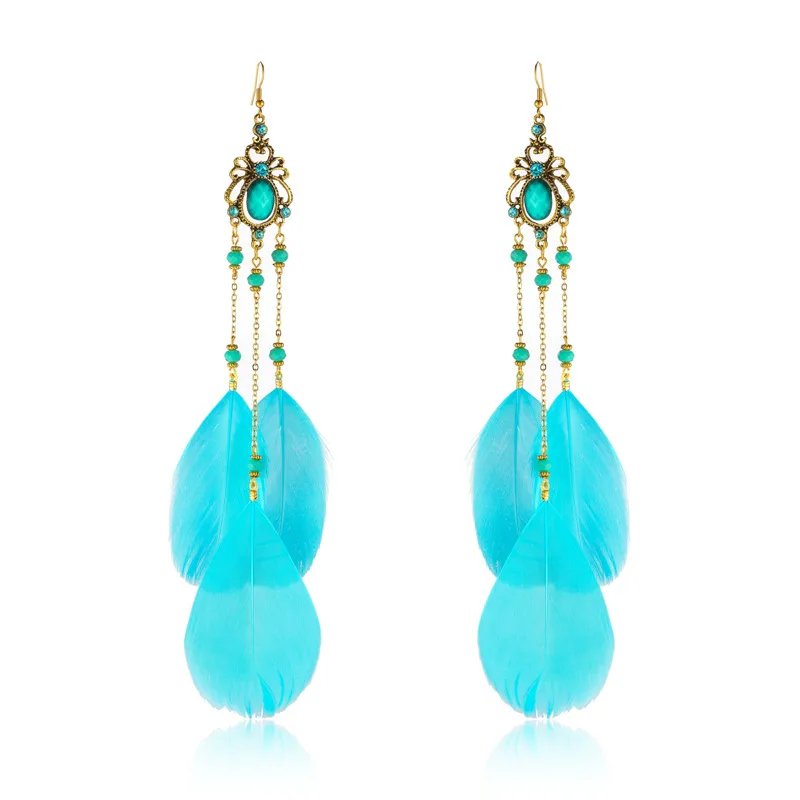 Neue Böhmische Kristall Kupfer Kette Feder Lange Tropfen Ohrringe für Frauen Retro Gypsy Ethnische Temperament Gold Farbe Schmuck Geschenk – Detail 9
