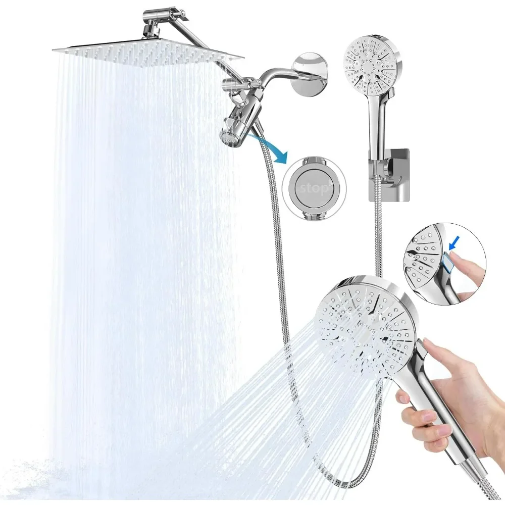 

Rain Shower Head with Handheld Spray Combo, 6-Function Handheld Shower Head with 3-Way Diverter & Adjustable Extension Arm