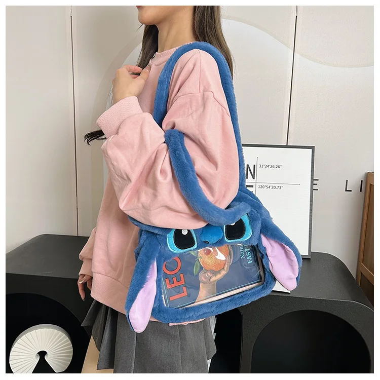 Disney Stitch Women Plush Shoulder Bag Cartoon Cute Stitch Large Capacity Round See-through Figure Jelly Bag Children's Tote Bag