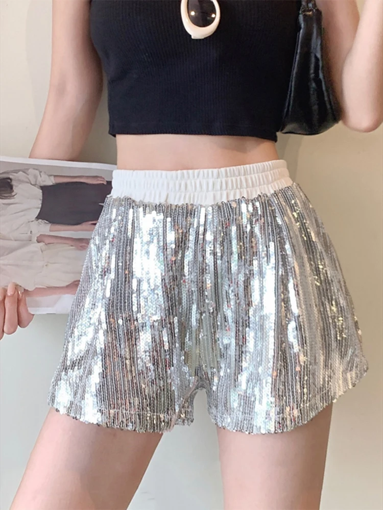Women Summer Fashion Elastic High Waist New Sliver Sequin Shorts Casual Glitter Stage Performance Wedding Party Shorts