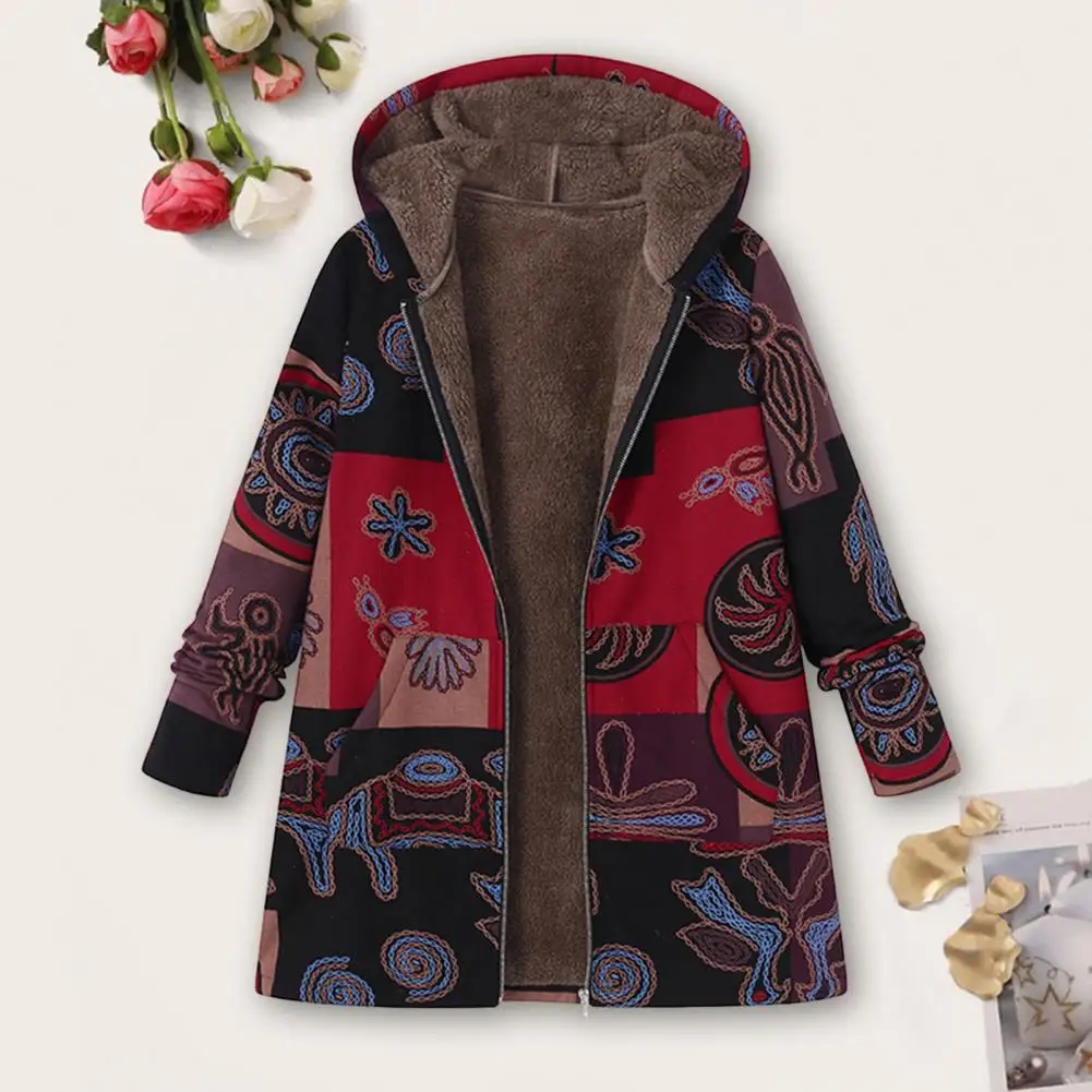 

Women Cozy Coat Stylish Floral Print Winter Coat with Hood Plush Lining for Women Zip-up Heat Retention Jacket with for Wear