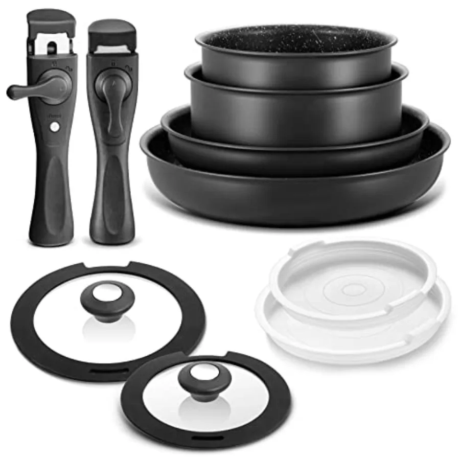 

Induction Cookware Set 10 Pieces Nonstick Pots and Pans with Removable Handles for All Hobs Stackable Design Dishwasher Oven Sa