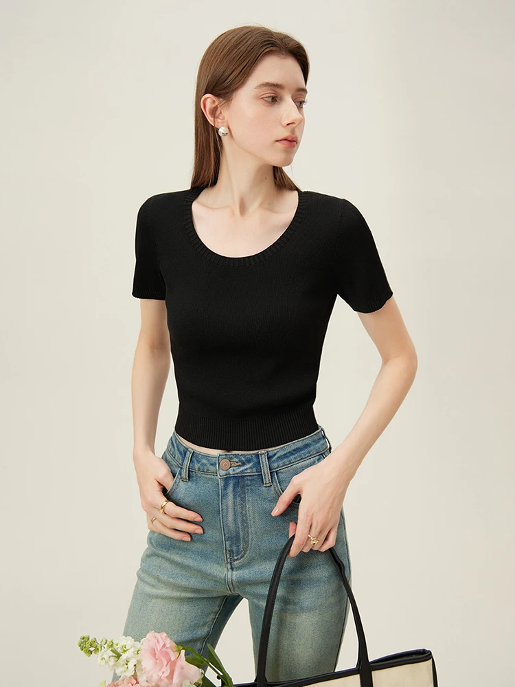 FSLE Simple Style Round Neck Short-sleeved T-shirt for Women 2024 New Summer Korean Style All-match Knitted Top Female 24FS12067