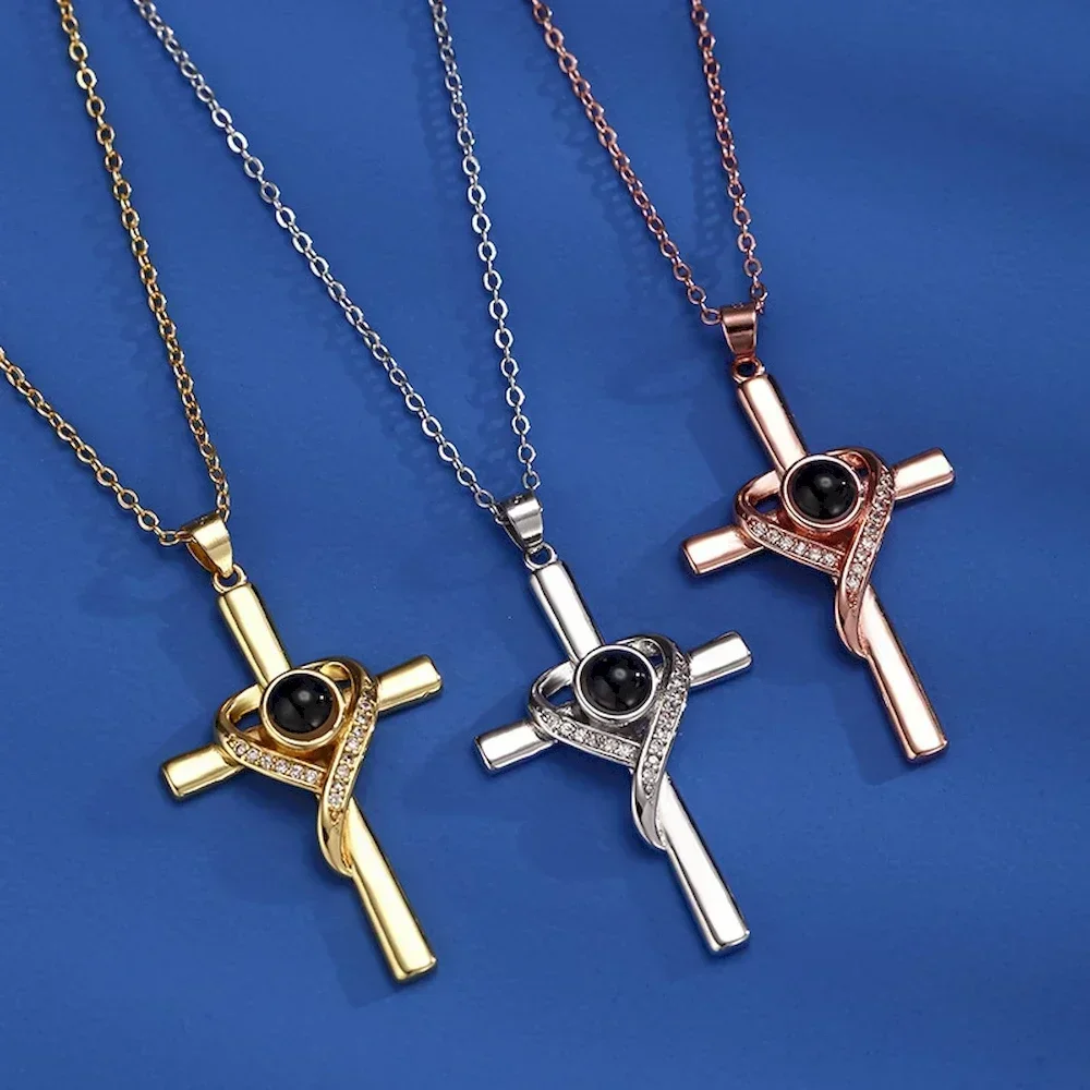 50cm Stainless Steel Chain Heart Shaped Cross Projection Pendant Necklace Women Neck Jewelry Wholesale Drop Shipping