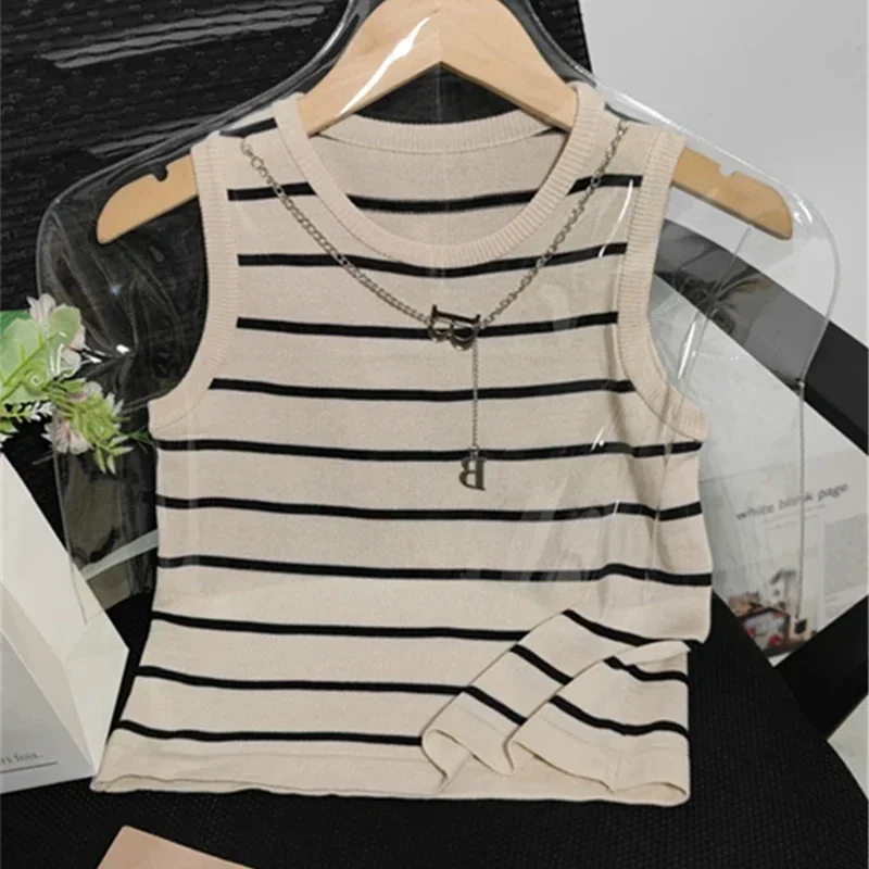 

New Basic Bottoming Striped Chain Elasticity Vests Women Tank & Camis Summer Wild Crop Short Tops 2025