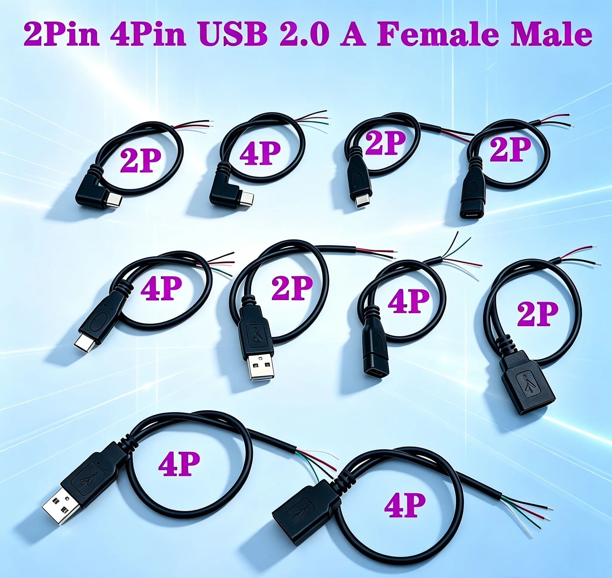2Pin 4Pin Right Angle Wire USB Type C USB Female Male Plug Power Supply Charger Connector DIY Repair Cable ﻿