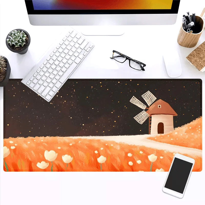 

Extra-Large Rubber Mouse Pad with Cartoon Windmill Tulip Field Design - 88.9x40.64 cm Soft Desk Mat, Vibrant Orange Starry Night