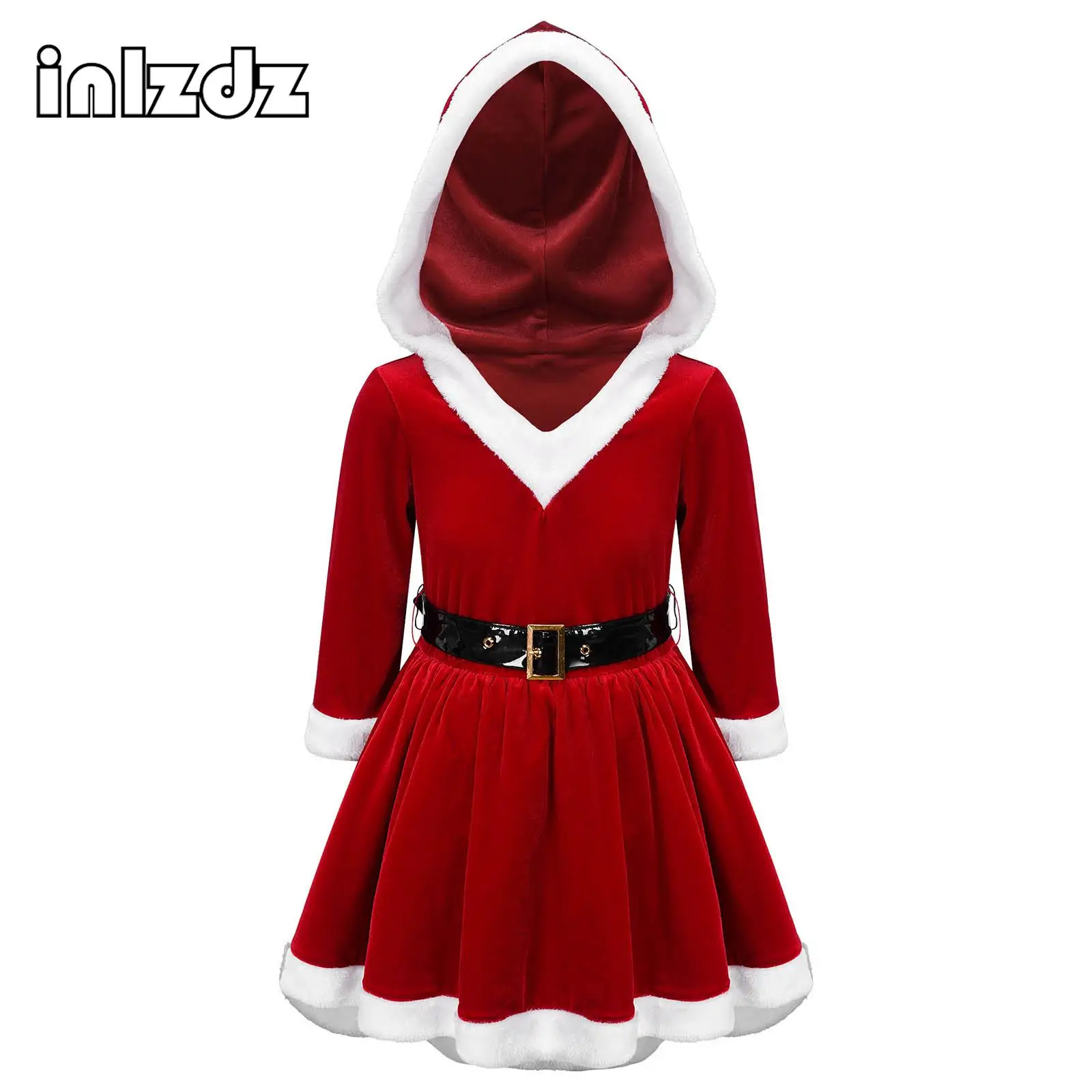 

Girls Christmas Santa Claus Cosplay Costumes Party Dress Hooded Velvet Princess Dress Xmas Halloween Fancy Dress Up Clothes