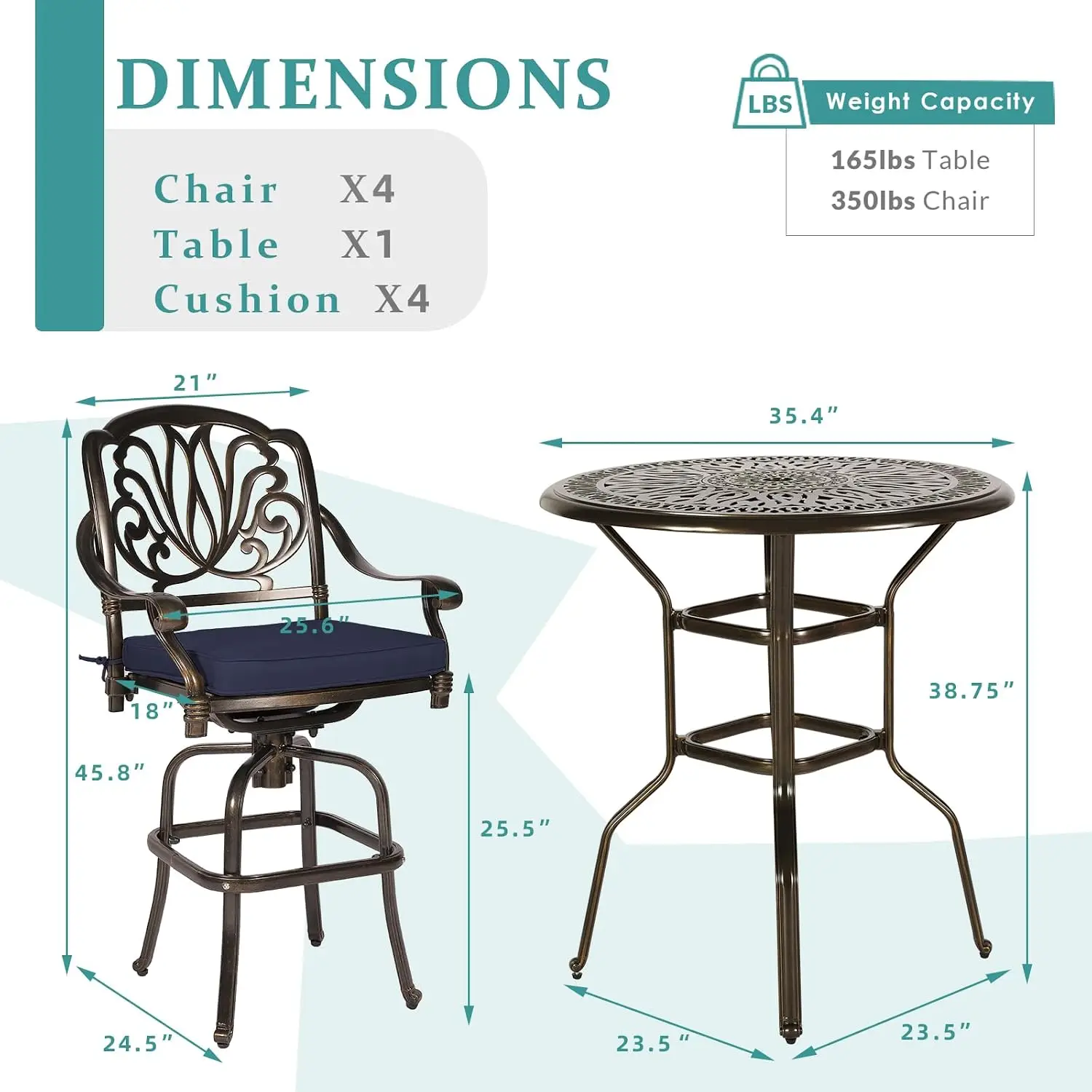 5-Piece Patio Swivel Bistro Set, Cast Aluminum Outdoor Bar Stool Set with 4 Cushioned Chairs, 35.4